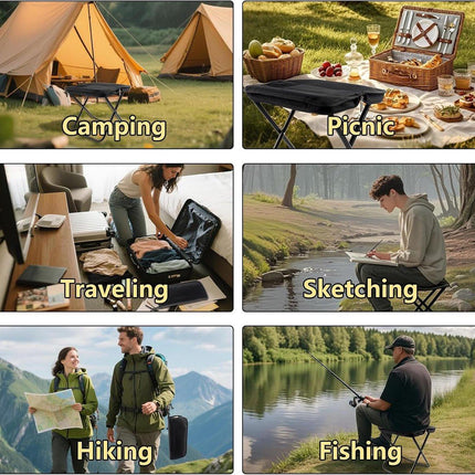Portable folding camping stool with carrying bag, portable folding chair, folding camping stool, outdoor footrest for travel, walking, hiking, fishing, picnics and barbecues (black).