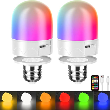 Set of 2 USB rechargeable bulbs with remote control - Battery-operated lamp bulbs - Rechargeable RGB color-changing bulbs - 12 color temperatures - Adjustable brightness - Wireless night light - 800 lm.