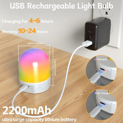 Set of 2 USB rechargeable bulbs with remote control - Battery-operated lamp bulbs - Rechargeable RGB color-changing bulbs - 12 color temperatures - Adjustable brightness - Wireless night light - 800 lm.