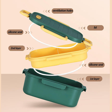 Adult lunch box with compartments, 1000 ml, leakproof, for men and women, double layer, ideal for the office, picnics (green).