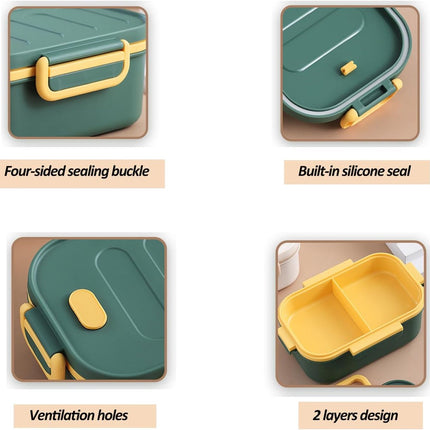 Adult lunch box with compartments, 1000 ml, leakproof, for men and women, double layer, ideal for the office, picnics (green).