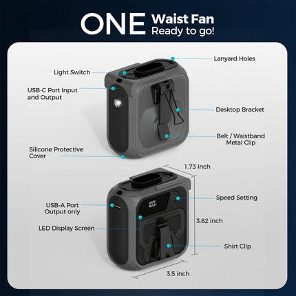 Portable Hip Fan - Mini Fan - 5 Speeds 16,000 RPM - Clip-on Portable Belt Fan - For Camping, Travel, Outdoors - Grijs.