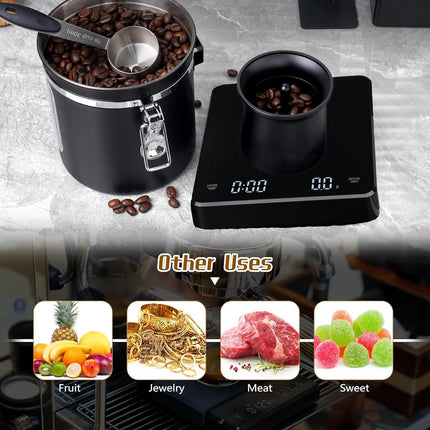 Precision Scale - Barista Scale - Coffee Scale with Timer - Small 3 kg / 0 g Coffee Scale with Gravity Sensor - Rechargeable Kitchen Scale - Barista Essential - High Precision - Black.