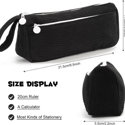 Corduroy Pencil Case - Cute pencil case with a convenient zipper - Makeup bag - Suitable for school-aged teenagers, boys and girls - black.