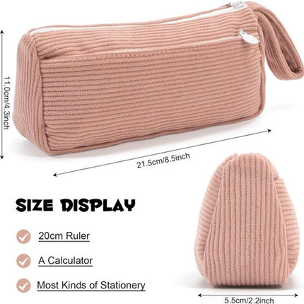 Corduroy Pencil Case - Cute pencil case with a practical zipper - Makeup bag - Suitable for school-aged teenagers, boys and girls - brown.