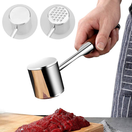 Professional Meat Tenderizer - Meat Mallet - Double-Sided Stainless Steel Meat Tenderizer - Steak Mallet with Non-Slip Wooden Handle - Dishwasher Safe Kitchen Utensil.
