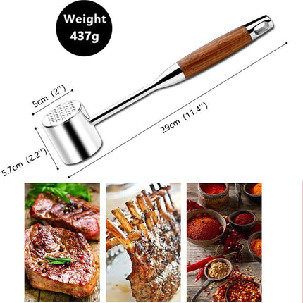 Professional Meat Tenderizer - Meat Mallet - Double-Sided Stainless Steel Meat Tenderizer - Steak Mallet with Non-Slip Wooden Handle - Dishwasher Safe Kitchen Utensil.