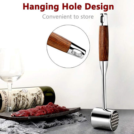 Professional Meat Tenderizer - Meat Mallet - Double-Sided Stainless Steel Meat Tenderizer - Steak Mallet with Non-Slip Wooden Handle - Dishwasher Safe Kitchen Utensil.