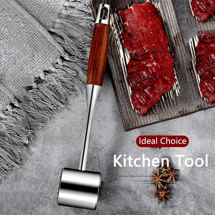 Professional Meat Tenderizer - Meat Mallet - Double-Sided Stainless Steel Meat Tenderizer - Steak Mallet with Non-Slip Wooden Handle - Dishwasher Safe Kitchen Utensil.