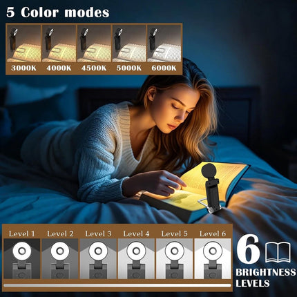 Reading light for books - For bed - With clip - Rechargeable - 5 settings - Bedside lamp - Black.