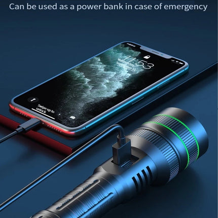 Rechargeable LED Flashlight - Military Flashlight - 5000 lumens - 26650 rechargeable battery - 6 modes - Power bank function - IP67 waterproof - Battery-powered flashlight.