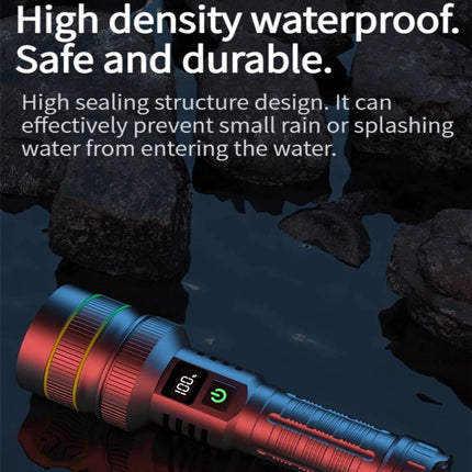 Rechargeable LED Flashlight - Military Flashlight - 5000 lumens - 26650 rechargeable battery - 6 modes - Power bank function - IP67 waterproof - Battery-powered flashlight.