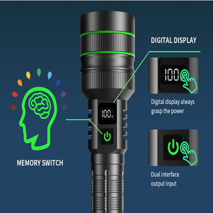 Rechargeable LED Flashlight - Military Flashlight - 5000 lumens - 26650 rechargeable battery - 6 modes - Power bank function - IP67 waterproof - Battery-powered flashlight.