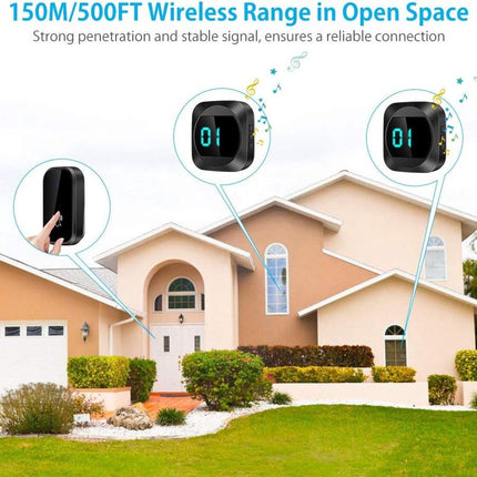 Wireless doorbell with LED, temperature display, waterproof electronic doorbell kit, with 2 plug-in receivers, 150m range, 4 volume levels, 38 melodies.