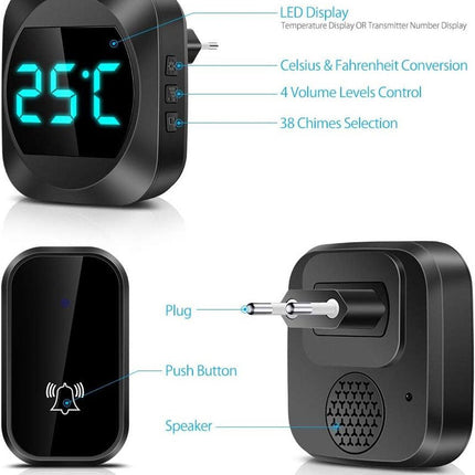 Wireless doorbell with LED, temperature display, waterproof electronic doorbell kit, with 2 plug-in receivers, 150m range, 4 volume levels, 38 melodies.