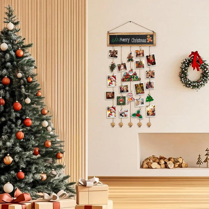 Photo album - Wall-mounted photo holder - Photo frame with display board and 30 photo clips - Wooden photo frame - Photo hanger with wall clip - Photo hanger for displaying memories.