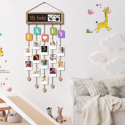 Photo album - Wall-mounted photo holder - Photo frame with display board and 30 photo clips - Wooden photo frame - Photo hanger with wall clip - Photo hanger for displaying memories.