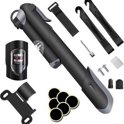 Hand pump - Bicycle pump with pressure gauge - Mini portable bicycle pump - Mini bicycle pump for all bicycles - Balloon pump with needle - Glue-free repair kit - Suitable for Presta and Schrader valves - Black.