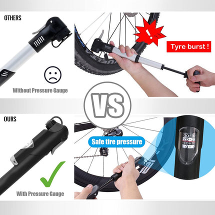 Hand pump - Bicycle pump with pressure gauge - Mini portable bicycle pump - Mini bicycle pump for all bicycles - Balloon pump with needle - Glue-free repair kit - Suitable for Presta and Schrader valves - Black.