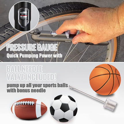 Hand pump - Bicycle pump with pressure gauge - Mini portable bicycle pump - Mini bicycle pump for all bicycles - Balloon pump with needle - Glue-free repair kit - Suitable for Presta and Schrader valves - Black.