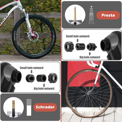 Hand pump - Bicycle pump with pressure gauge - Mini portable bicycle pump - Mini bicycle pump for all bicycles - Balloon pump with needle - Glue-free repair kit - Suitable for Presta and Schrader valves - Black.