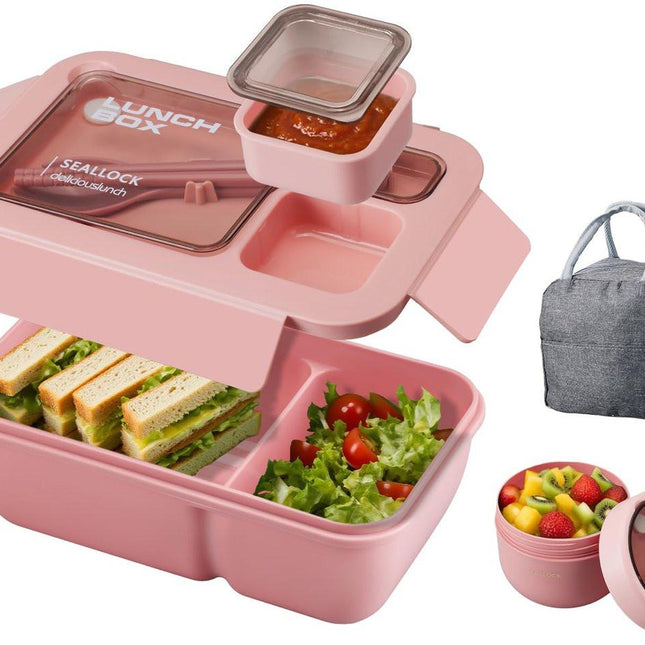 Bento Box - Bento Set with Cutlery - Lunch Bag - Lunch Box - Leakproof Food Container with Compartments - Lunch Box for Kids, School, Office, Picnic - Pink.