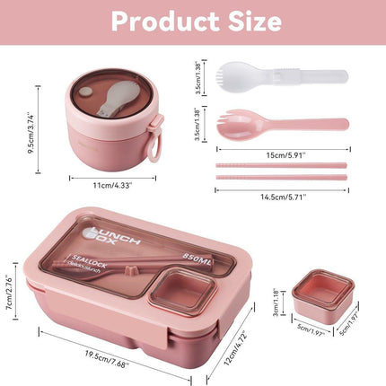 Bento Box - Bento Set with Cutlery - Lunch Bag - Lunch Box - Leakproof Food Container with Compartments - Lunch Box for Kids, School, Office, Picnic - Pink.