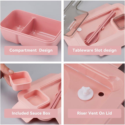 Bento Box - Bento Set with Cutlery - Lunch Bag - Lunch Box - Leakproof Food Container with Compartments - Lunch Box for Kids, School, Office, Picnic - Pink.