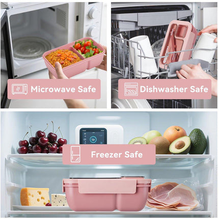 Bento Box - Bento Set with Cutlery - Lunch Bag - Lunch Box - Leakproof Food Container with Compartments - Lunch Box for Kids, School, Office, Picnic - Pink.