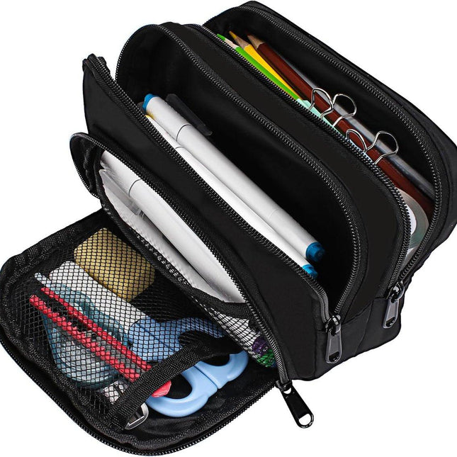 Large black pencil case with 3 compartments for school and office.