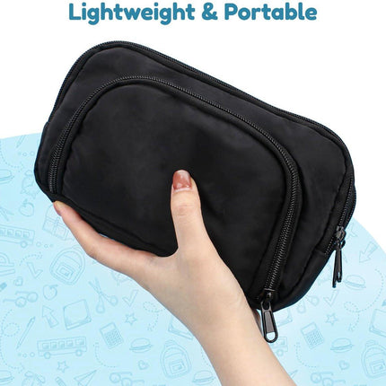 Large black pencil case with 3 compartments for school and office.