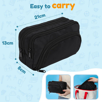 Large black pencil case with 3 compartments for school and office.