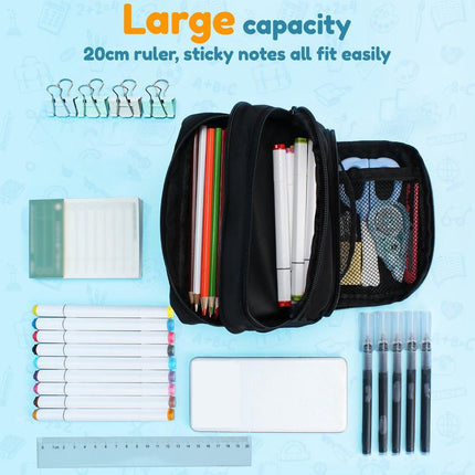 Large black pencil case with 3 compartments for school and office.