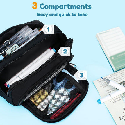 Large black pencil case with 3 compartments for school and office.
