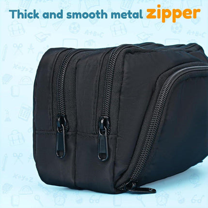 Large black pencil case with 3 compartments for school and office.