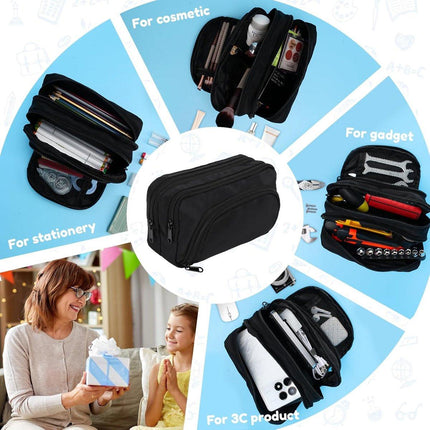 Large black pencil case with 3 compartments for school and office.