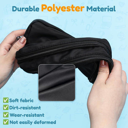 Large black pencil case with 3 compartments for school and office.