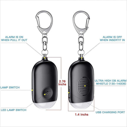 Rechargeable personal alarm – Self-defense products – Self-defense alarm – Keychain – Personal alarm – Alarm keychain – Rechargeable LED flashlight.