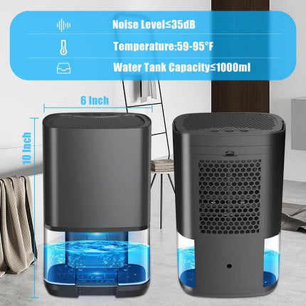Ultra-quiet smart air dehumidifier - 1L capacity - Dehumidifier for bedroom, bathroom, basement, house - 2 in 1 - Small - Quiet - Black.