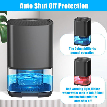 Ultra-quiet smart air dehumidifier - 1L capacity - Dehumidifier for bedroom, bathroom, basement, house - 2 in 1 - Small - Quiet - Black.