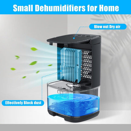 Ultra-quiet smart air dehumidifier - 1L capacity - Dehumidifier for bedroom, bathroom, basement, house - 2 in 1 - Small - Quiet - Black.