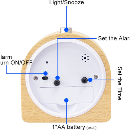 Wekker analog wooden clock with snooze function - Wekker Vintage with luminous Klok - Silent vintage wooden desk clock with no ticking sound - Light brown natural wood.