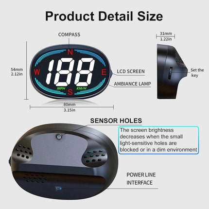 Speedometer - GPS Speedometer - Car Accessories - Universal Head-Up Display - MPH Speedometer - Plug and Play USB Connection - with Compass and Speed Alarm - for all vehicles.