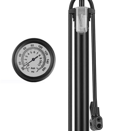 Bicycle pump - Bicycle pump with pressure gauge - Double valve head - Schrader and French valves - Foot pump - Practical for baby on the go or for travel - Black.