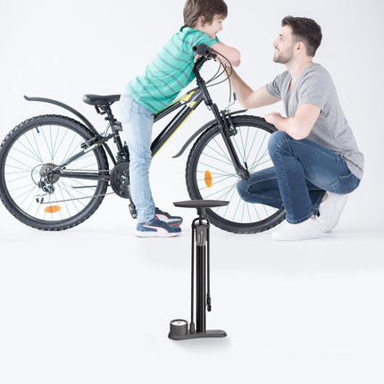 Bicycle pump - Bicycle pump with pressure gauge - Double valve head - Schrader and French valves - Foot pump - Practical for baby on the go or for travel - Black.