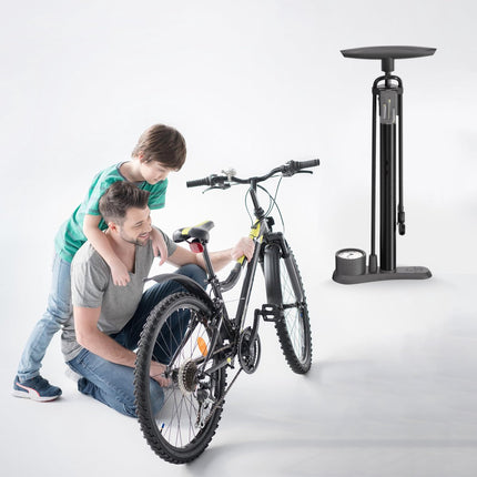Bicycle pump - Bicycle pump with pressure gauge - Double valve head - Schrader and French valves - Foot pump - Practical for baby on the go or for travel - Black.