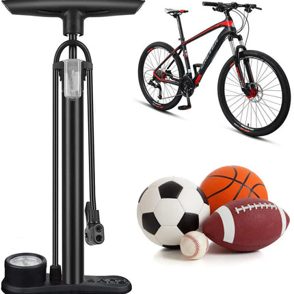 Bicycle pump - Bicycle pump with pressure gauge - Double valve head - Schrader and French valves - Foot pump - Practical for baby on the go or for travel - Black.