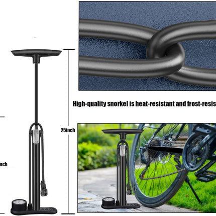 Bicycle pump - Bicycle pump with pressure gauge - Double valve head - Schrader and French valves - Foot pump - Practical for baby on the go or for travel - Black.