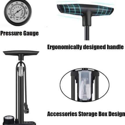 Bicycle pump - Bicycle pump with pressure gauge - Double valve head - Schrader and French valves - Foot pump - Practical for baby on the go or for travel - Black.