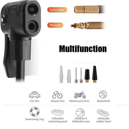 Bicycle pump - Bicycle pump with pressure gauge - Double valve head - Schrader and French valves - Foot pump - Practical for baby on the go or for travel - Black.